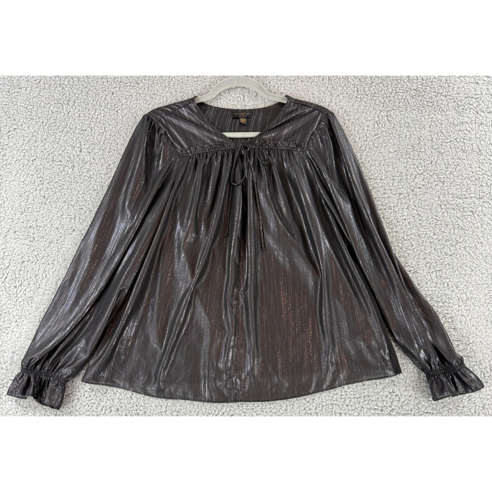 Current Air Top Womens Large Black Silver Metallic‎ Long Sleeve Tie-Neck Flowy